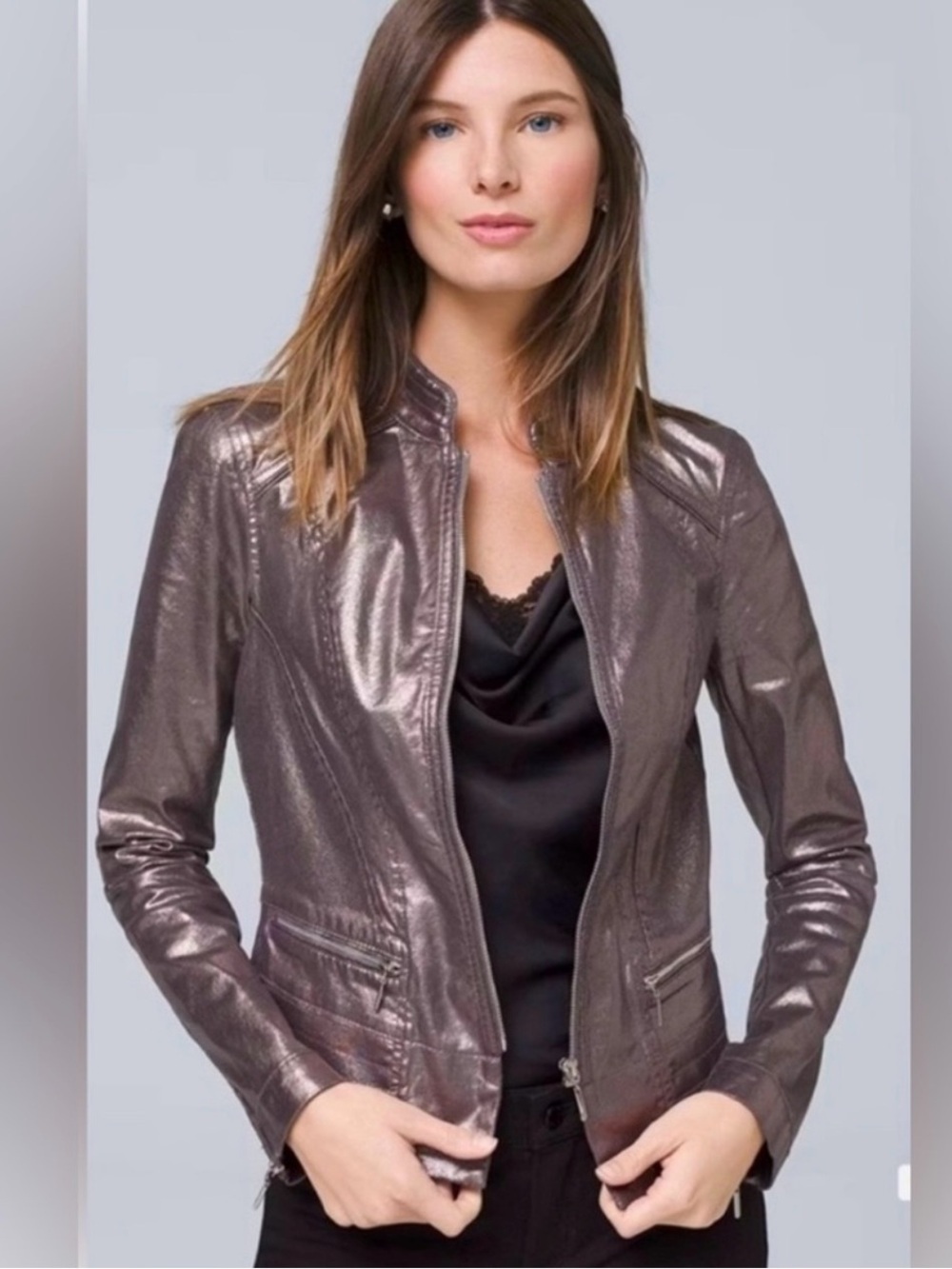 White House Black Market Metallic Silver Cropped Jacket |Size 12P Shimmer Blazer